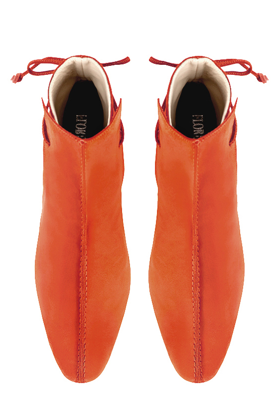 Clementine orange women's ankle boots with laces at the back. Round toe. Low block heels. Top view - Florence KOOIJMAN